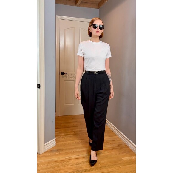 Vintage Briggs Black Double Pleated Tapered Belted Trousers Dress Pants Size 8 - Picture 6 of 10